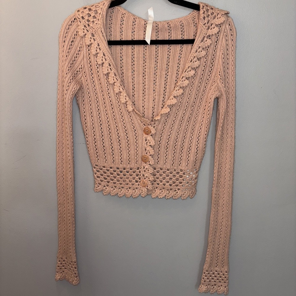 Lilu‎ Dusty Rose Angora Blend Cardigan Knit Crochet Hooded Cottagecore Boho M